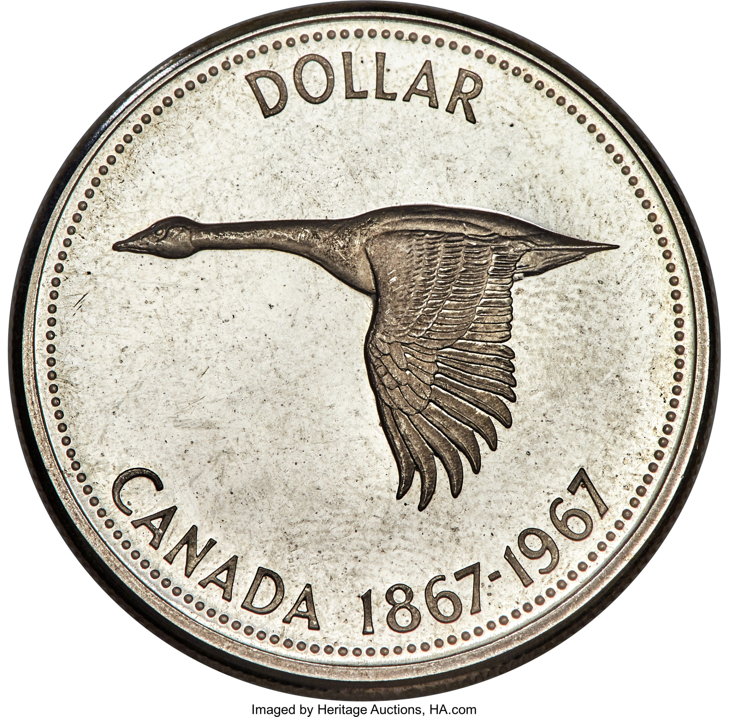 A 1967 Confederation Centennial dollar featuring a Canada goose in flight