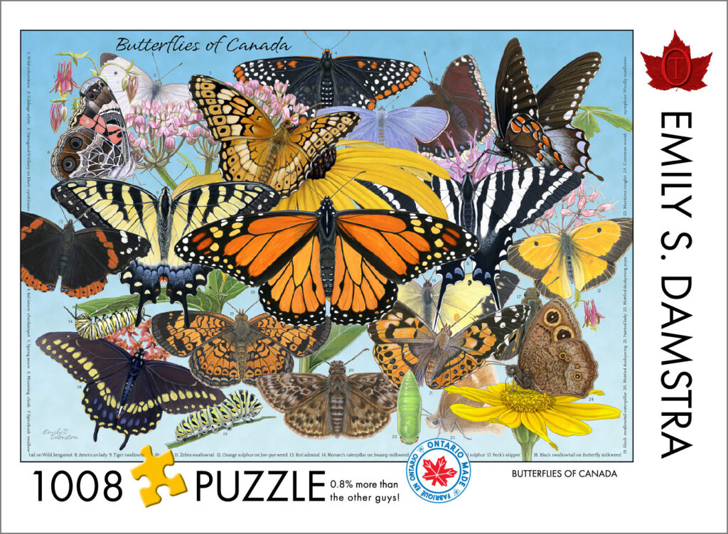 image of 1008 piece butterfly puzzle box top, featuring a collage of 23 butterflies and 1 pupa, with the monarch in the center