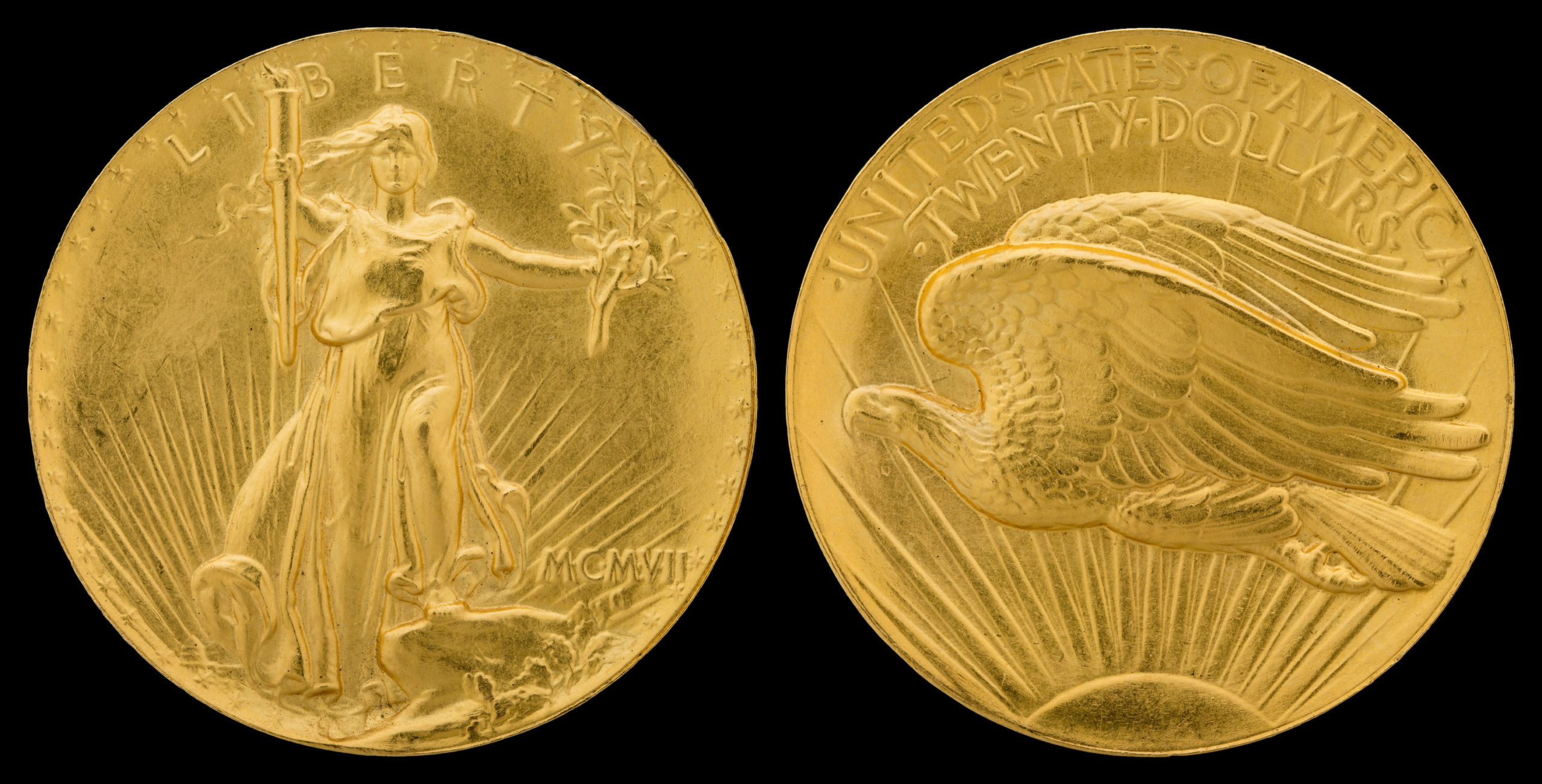 Photo of Obverse and reverse of US $20 double eagle gold coin