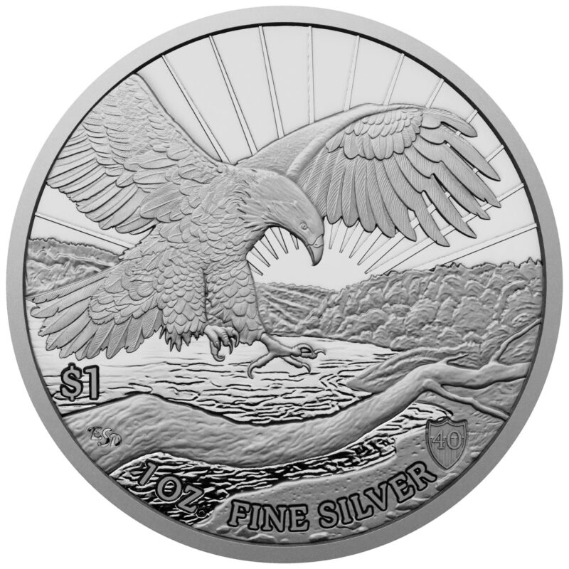 image of coin design showing a bald eagle about to land on a branch, with a tree-lined river in the background