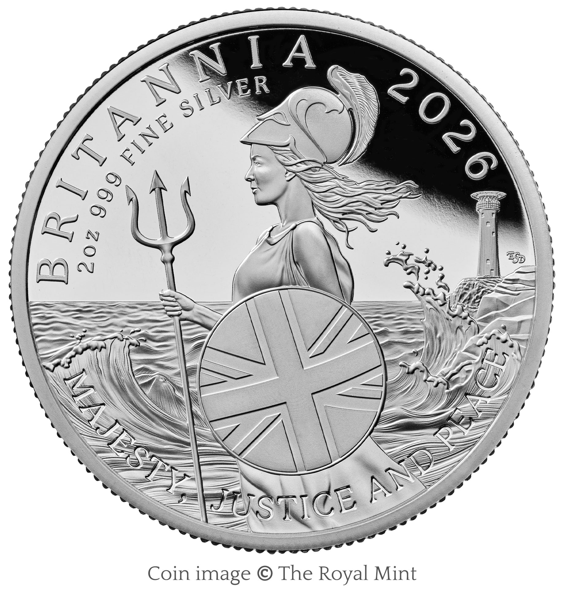 Britannia 2026 UK 2 oz silver coin, designed by Emily S. Damstra