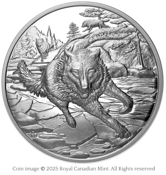 image of silver coin featuring a wolf running toward viewer, with two wolves following it in the distance