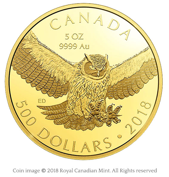 image of $500 gold coin showing a great horned owl about to catch prey