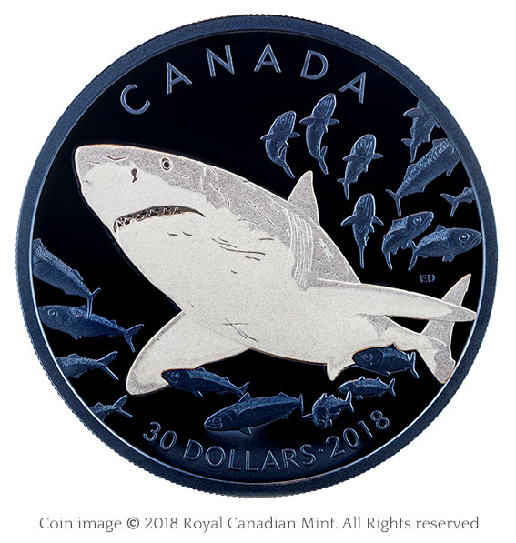 Colorful new coins; shark, grizzly, wolf, and maples 1 Great white shark silver coin