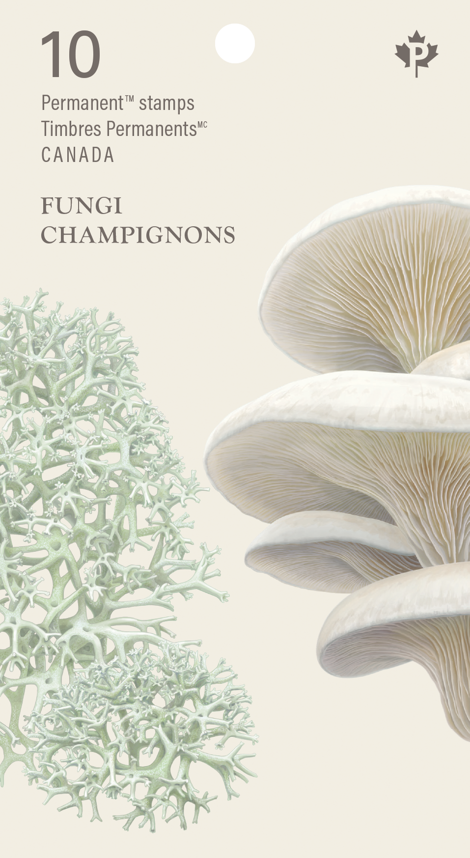 Canada Post fungi stamps 2 2025 Booklet of fungi stamps; front (features lichen and oyster mushrooms)